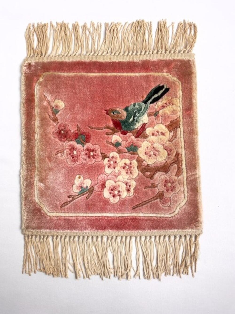 Vintage Chinese Chinoiserie Pink Silk Velvet Bird Flower Small Rug Mat Fringe